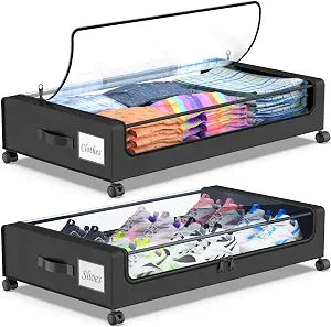Beborxue Under Bed Storage with Wheels, 2-Pack, Black