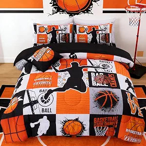 Aimuan Sports Geometric Grid Black Patchwork Basketball Printed for Boys Twin 6Pcs Bed in A Bag Comforter Bedding Set (Orange, Twin 6Pcs)