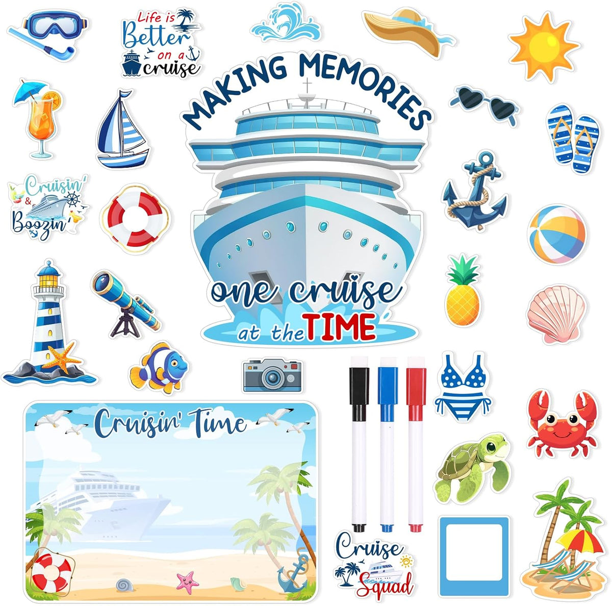 27PCS Cruise Door Decorations Magnetic, Large Nautical Cruise Magnets Funny Carnival Ship Magnets for Door & Fridge, with 3 Pcs Pen