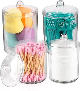 Qtip Holder Set, 4 Pack Clear Plastic Apothecary Jars with Lids  Cotton Swabs Holder, Cotton Balls Storage, Bathroom Canisters & Vanity Organizer for Q-Tips, Floss Picks