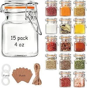 Flrolove 4oz Glass Spice Jars with Lids, 15 Pack Jars with Airtight Lids