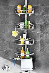 HAMITOR Corner Shower Caddy Tension Pole: Rustproof Stable 4-Tier Bathroom Organizer Shelves for Bathtub Shampoo Storage - 47-121 Inch Quick Install Adjustable Shelf with Soap Rack - Silver Gray