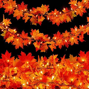 Meknow Fall Decor Fall Decorations for Home 9FT Plug in Fall Garland with Lights 50 Orange Bulbs Connectable Lighted Fall Garland Light for Indoor Outdoor Halloween Thanksgiving Harvest Decorations