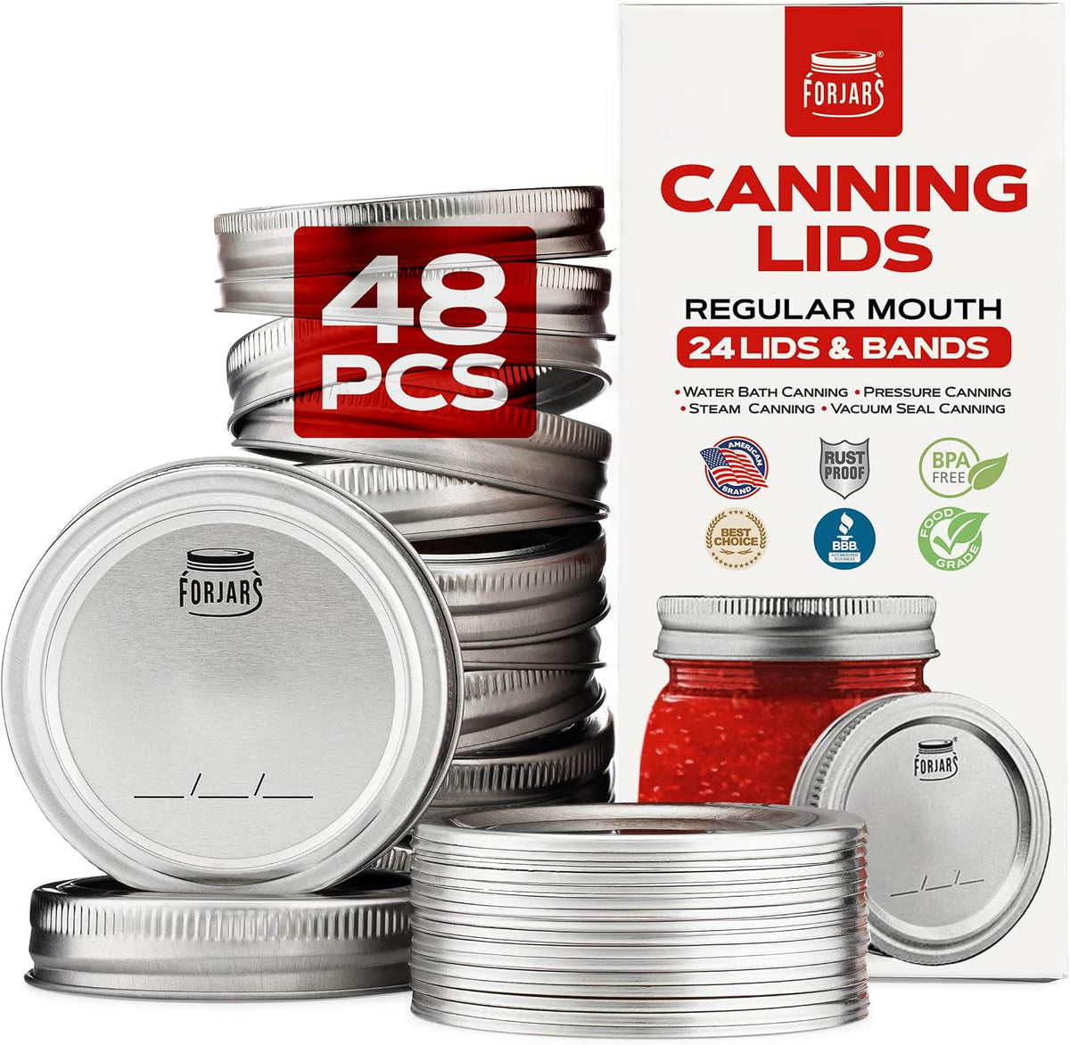FORJARS Canning Lids and Rings Regular Mouth - 48 Pcs/24 Sets - Airtight Seals on Mason Jars to Preserve Food for Meal Prep - 2.7 In. Stainless Steel and Bands with Silicone Seals - Canning Supplies