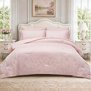 Pink Comforter Set Queen, 3 Piece Metallic Marble Bedding with Shams