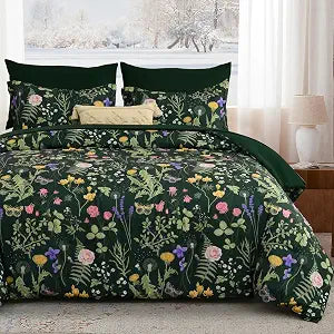 Yiran Queen Comforter Set 7 Piece, Dark Green Floral Bedding Bed in a Bag
