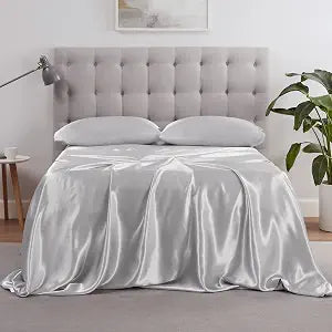 Serta SatinLuxury 4pc Soft Lightweight Deep Pocket Bedding Silky Satin Sheet Set with Pillowcases, King, Silver Grey