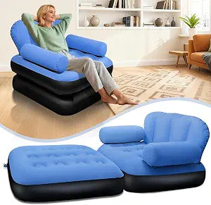 PRAXXIS Blow Up Pull Out Couch w/Headboard,Flocked Inflatable Chair