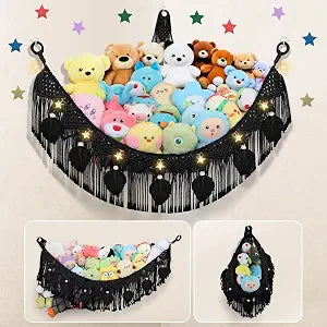 Stuffed Animal Storage Hammock Corner, 56'' Large Macrame Plushie Net,Black