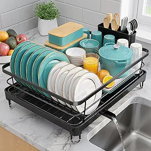 Sakugi Stainless Steel Dish Drying Rack for Kitchen Counter, Sink Organization and Storage Essentials with Silverware & Utensil Holder, Home and Apartment Decor, 12.5''W x 16.5'L, Black