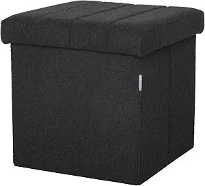 Seville Classics Cushioned Fabric Ottoman Hidden Storage Chest Footrest Chair, Padded Seat for Bedroom, Dorm, Loft, Living Room, Entryway, Hallway, Black Boucle, 15.7" Cube