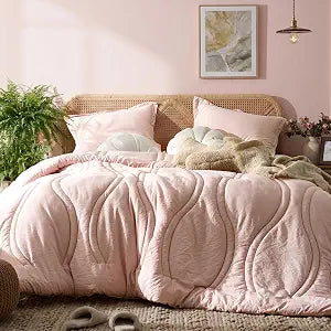 MUSSEL Light Pink Queen Comforter Set 3 Pieces 90"X90" with Striped Pattern