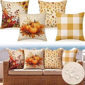 Mixweer 4 Set Fall Waterproof Outdoor Pillow Covers, 18x18 Inch