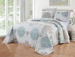 Grand Linen 3-Piece Fine Printed Oversize (100" X 95") Quilt Set Reversible Bedspread Coverlet Queen Size Bed Cover (Blue, White, Grey Scroll)