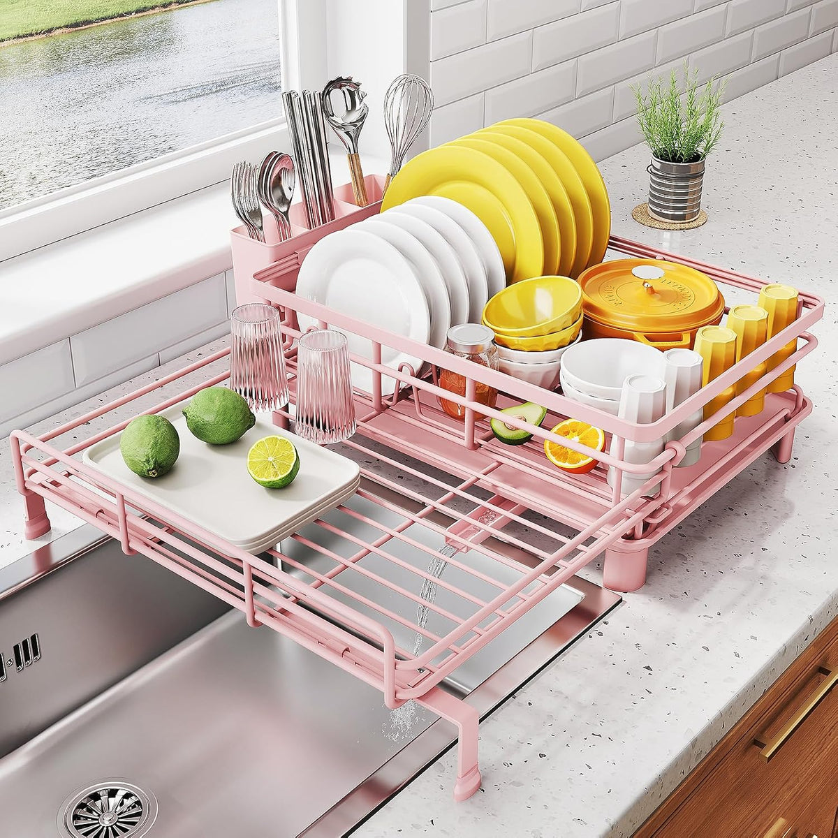SNTD Expandable Dish Drying Rack for Kitchen Counter, Stainless Steel, Pink