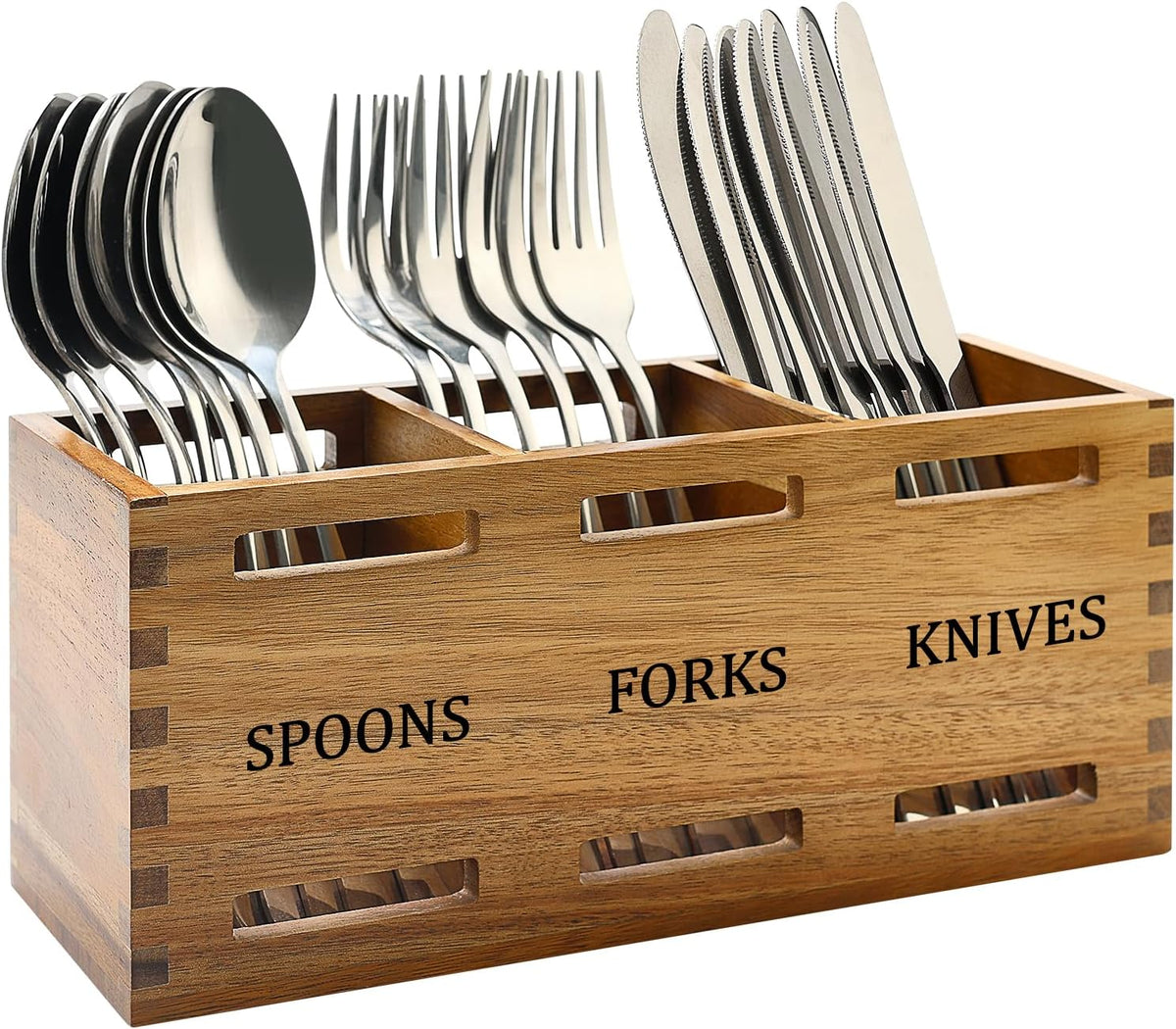 Flatware Silverware Caddy Party Acacia Wood Cutlery Utensil Holder Counter