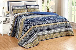 Grand Linen 2-Piece Fine Printed Oversize (66" X 95") Quilt Set Reversible Bedspread Coverlet Twin/Twin XL Size Bed Cover (Navy Blue, Gold, Yellow Stripe)