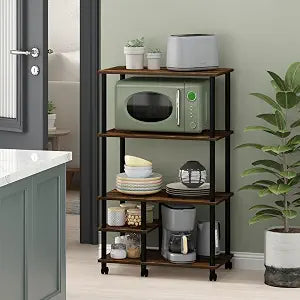 Furinno Turn-N-Tube Toolless 4-Tier Bakers Rack with Wheels, Amber Oak