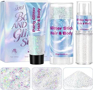 3-in-1 Body Glitter Set, Sparkling White Glitter Gel Stick and Spray, Waterproof Halloween Rave Accessories Women Makeup for Concert and Festival