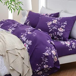MEISHANG Soft Cooling Full Sheet Set - Blend Rayon Derived from Bamboo,1800 Thread Count Floral Bed Sheets Oeko-Tex Certificated 4 Piece - Purple Flower