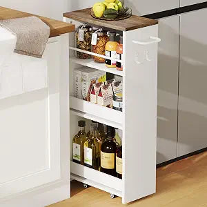 ChooChoo 4-Tier Slim Storage Cart, 7.87 inches Wide Narrow Storage Cabinet with 360 Wheels and 2 Hooks, Space-Saving Organizer for Kitchen, Narrow Places, Dining Room, Walnut+White