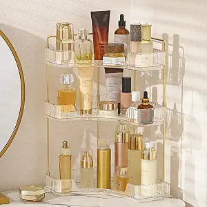 Aveniee Corner Bathroom Counter Organizer, Bathroom Countertop Shelf Makeup Storage, Clear Perfume Tray Holder (3 Tiers, White)