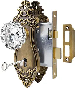 Crystal Glass Privacy Door Knobs with Mortise Lock Interior, Antique Brass