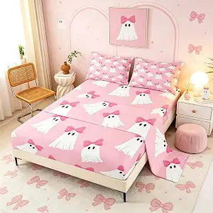 Feelyou Cute Pink Halloween Bed Sheets Set Twin Size Halloween Bow Ghost Bed Set Kawaii Ghost Deep Pocket Fitted Sheet Breathable Soft Lightweight Microfiber