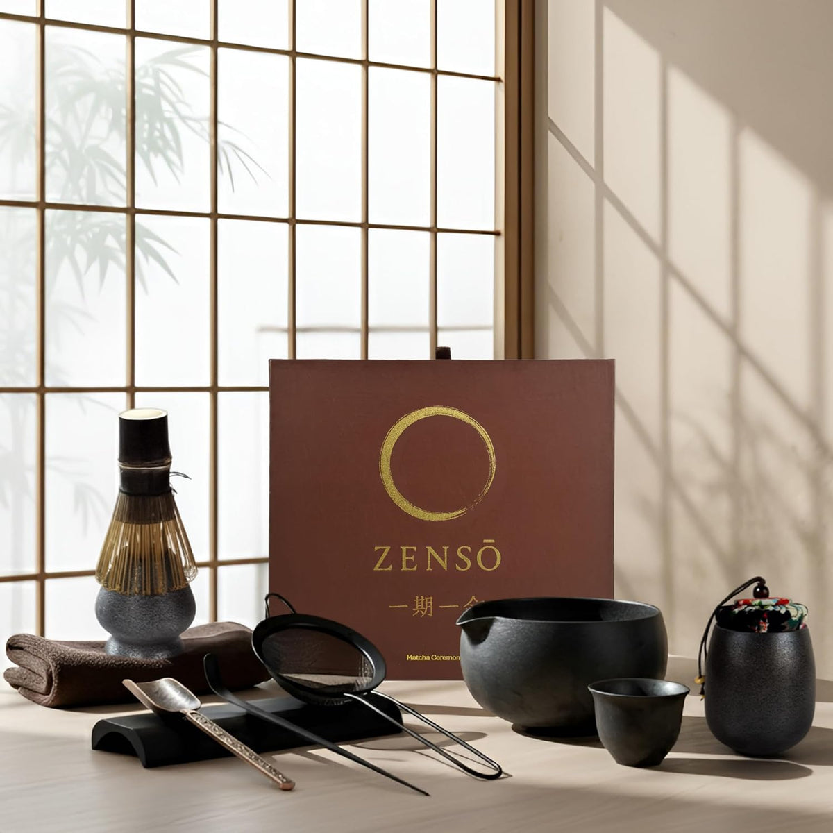 ZENSO Premium Matcha Whisk Set - 10 Piece Japanese Matcha Tea Ceremony Kit | Matcha Bowl, Tea Canister, Purple Bamboo Whisk, Whisk Holder, Sifter, Scoop & Scoop Holder, Cup, Cloth, Spoon - Dark Gray