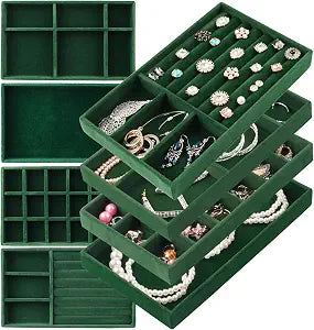 Jewelry Drawer Organizer, 8 Set of Stackable Velvet Organizer Tray, Drawer Inserts for Jewelry Organization, Showcase and Safely Store Your Collection with Elegance and Sophistication (Green)