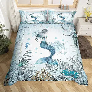 Feelyou Mermaid Bedding Set King Size Ocean Life Sea Animal Comforter Cover Set for Kids Boys Girls Children Princess Decor Bedding Duvet Cover Set Room Decor Fish Scales Bedspread Cover 3Pcs