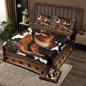 Manfei Western Cowboy Bedspread Twin Size,Western Texas Star Wooden Plank Rustic Coverlet Set,Boys Girls Adults Room Decor,Cow Fur Farmhouse Quilted Coverlet,Brown Retro Bedding Quilt,1 Pillowcase