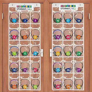 2 Pack Classroom Headphone Storage Organizer with 30 Pockets & 62 Labels