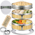 Bamboo Steamer 10" - Heavy-Duty Dumpling Steamer Basket, 2 Tier Bamboo Steamers for Cooking & Steaming Dim Sum, Bao Bun, Gyoza, Shumai & Vegetables - 10 Inch Steam Baskets with Handles & Accessories Set