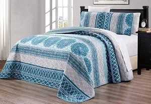 Grand Linen 3-Piece Fine Printed Oversized Quilt Set - Reversible Queen Size Bedspread Coverlet with 2 Shams - Lightweight Boho Geometric Bedding (Turquoise Blue, Navy Blue, Grey, White)