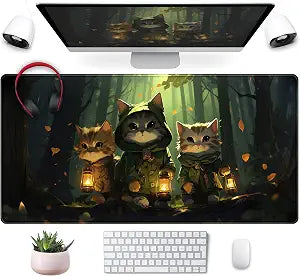 Forest Cats Desk Mat Anime Cat Desk Pad Cute, Kawaii Green Mouse Pad XXL, Large Extended Gaming Mousepad Keyboard Mouse Mat with Stitched Edges, Home Office Decor Pad for Women Girl 31.5x15.75 in