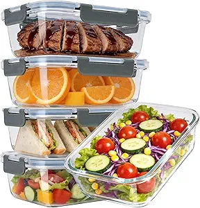5-Pack 36oz Glass Food Storage Containers with Lids, Grey
