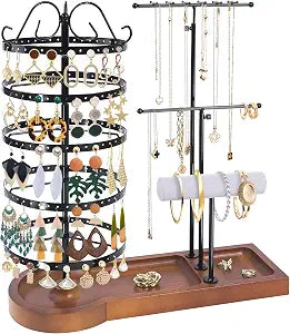 Jewelry Organizer Stand, Metal Rotating Earring Holder Organizer, Multi-Functional Adjustable Necklace Rack Holder Bracelet Watch Holder for Jewelry Earrings Ring, Black