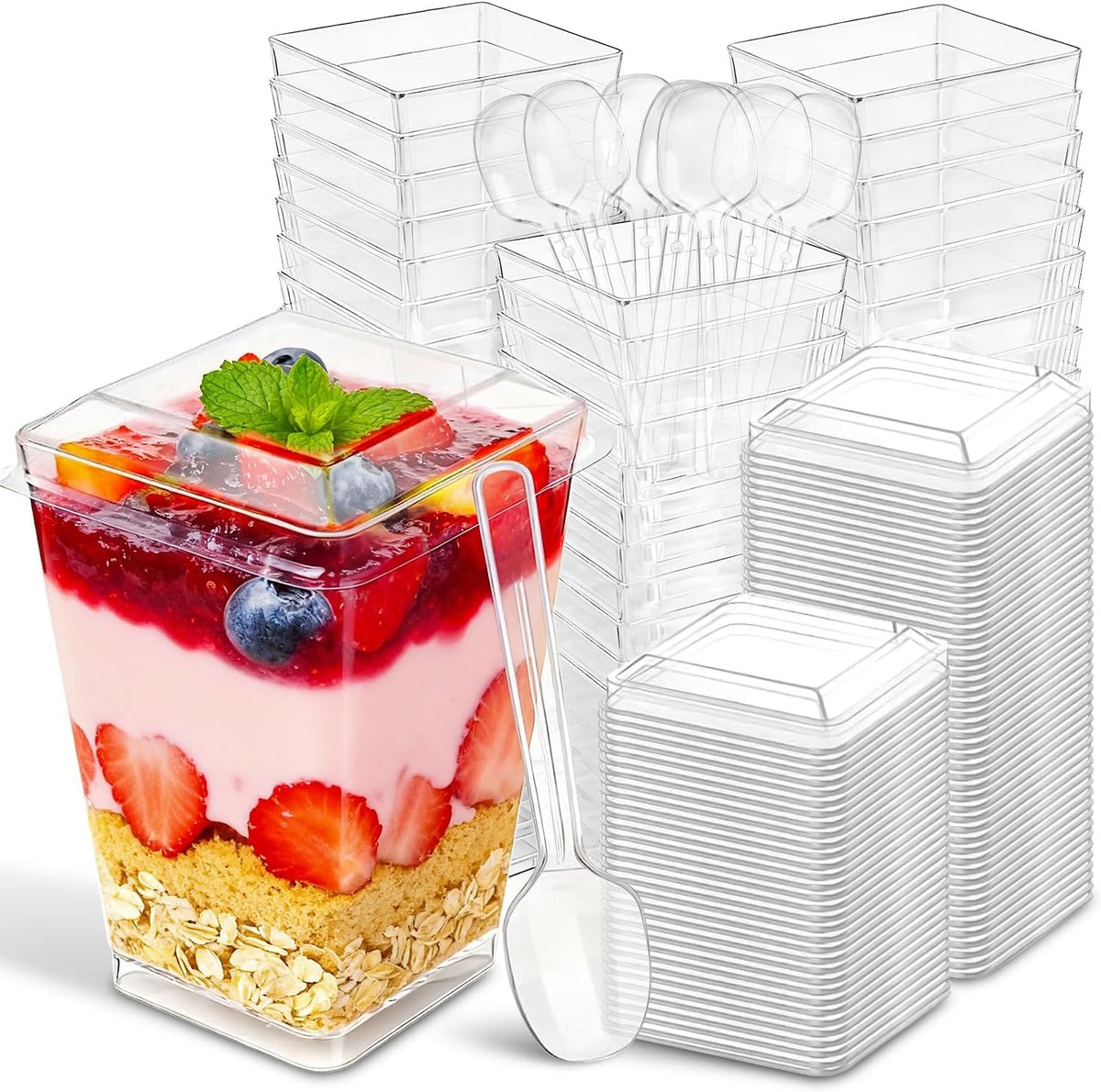 Ginkgo 100 Pack 5 oz Dessert Cups with Lids and Spoons, 300 Pieces