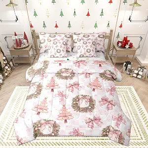 Castle Fairy Pink Bowknot Kids Comforter Set 7 Piece Twin Size,Cute Xmas Pine Trees Green Wreath Reversible Quilt Set,Kawaii Snowflakes Grid Happy New Year Bedding Set with Comforter,Sheet,Pillowcase
