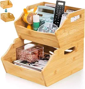 Cididu 2 Pack Bamboo Stackable Storage Bin, Countertop Open Front Stacking Bins, 2 Tier Organize Basket Box with Handle, Food Fruit Container for Cabinet, Kitchen, Studio, Office