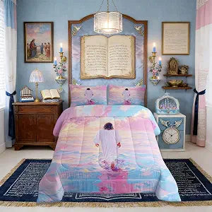 God Walking on Water Girls Bedding Set Twin Size,Frame 3D Textured Bible Verse Comforter Set,Western Savior Biblical Quilt Comforter Girls Boys Teens,Pink Blue Room Decor All Season,1 Pillowcase