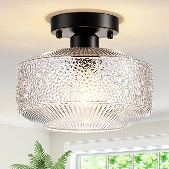 Semi Flush Mount Ceiling Light, 9 Inch Modern Small Ceiling Light Fixture with Thickened Glass & Stone Floral Pattern, Black Metal Base for Hallway Kitchen Bedroom Bathroom Laundry entryway Hotel Cafe