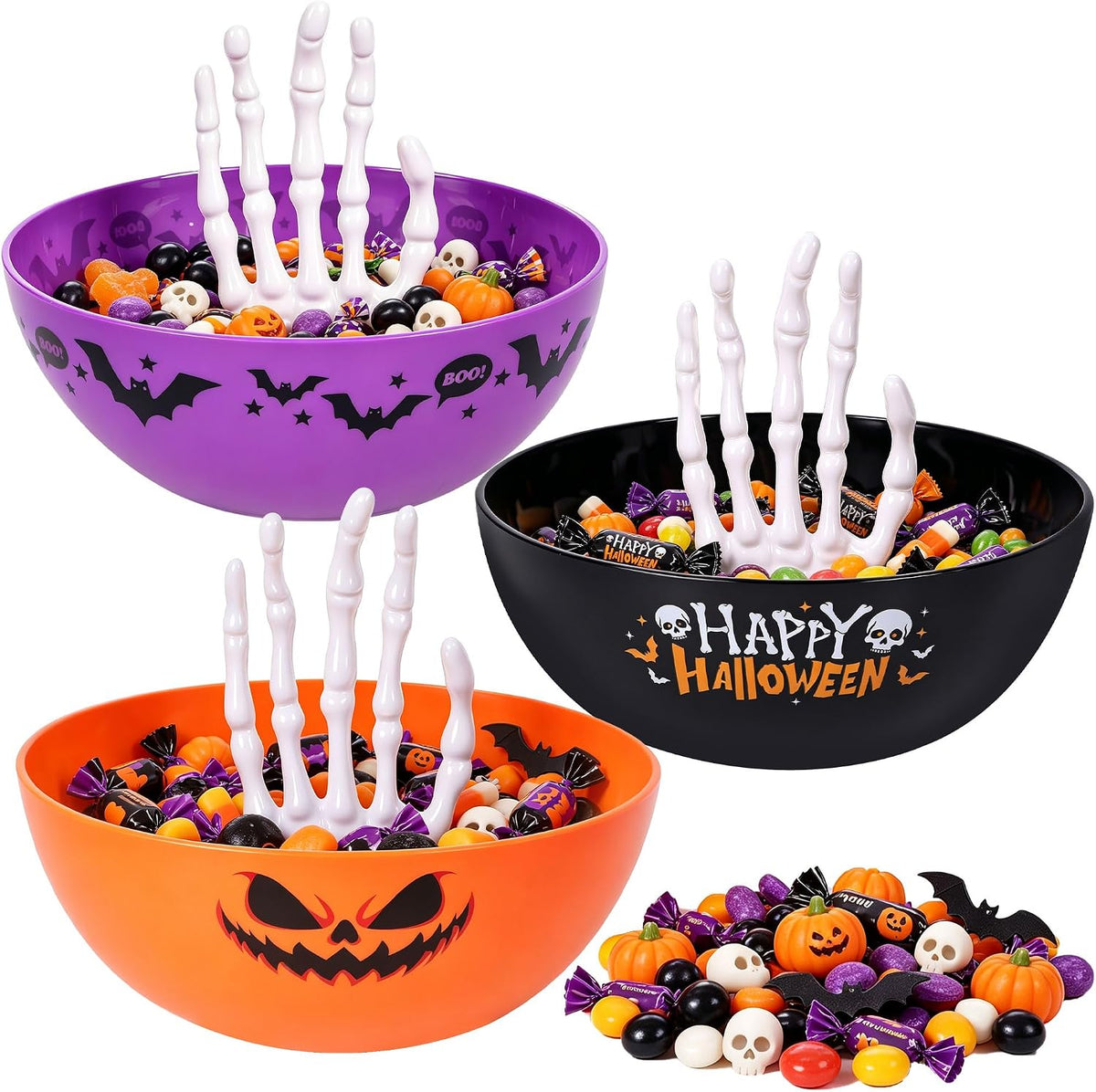 Triumpeek 3 Packs Halloween Candy Bowl with Skeleton Hand, Plastic