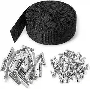 2 Inch40 Ft Chair Webbing Replacement Kit, Heavy Duty Webbing for Lawn Chairs Thickened with 40 Pack Accessories Chair Webbings for Repairing Sagging Sofas, Patio Chairs and Furniture-Black