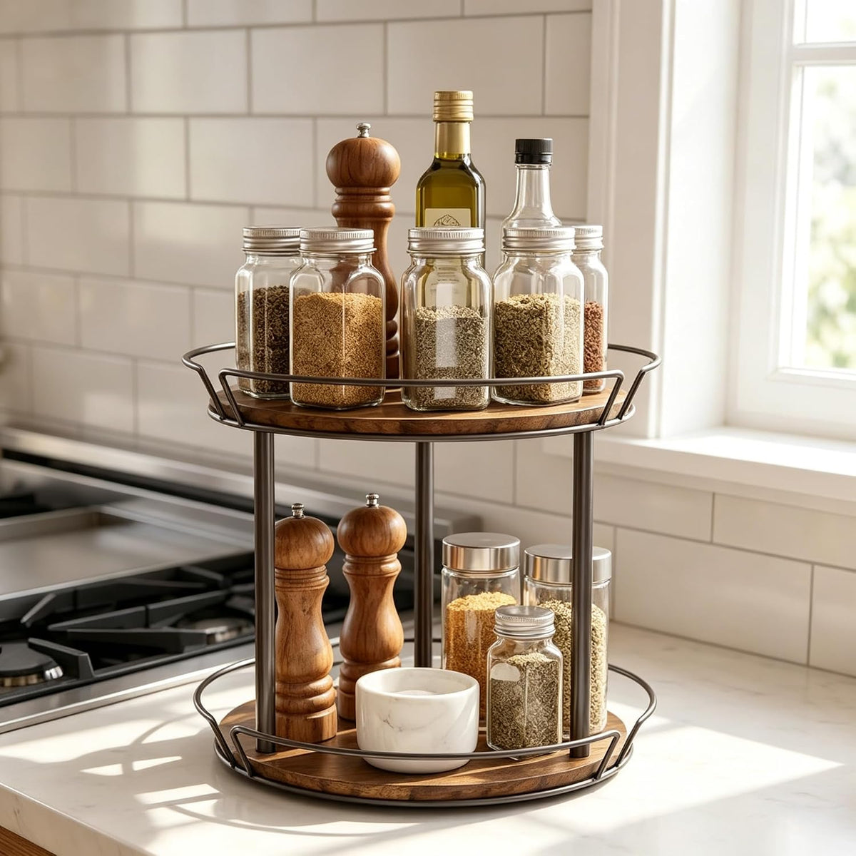 LAMU 2-Tier Lazy Susan Turntable Organizer, Spinning Spice Rack for Cabinet