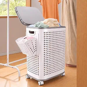 IMHO 85L Large Capacity Laundry Basket with Removable Lid and Liner - Sturdy and durable wheeled laundry basket, space-saving, Lockable 360 Wheels for Bathroom Bedroom Dorm Home Storage(White)