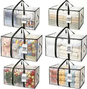 ClearSpace Heavy Duty Moving Bags - Water Resistant Storage Bags with Backpack Straps, Zippers and Handles - Large Moving Boxes for College Dorm, Travel, Closet Organization - 6 Pack, Clear