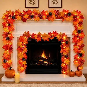 Fall Decorations Lighted Fall Garland with Pinecones and Berries, 9FT 50 Incandescent Bulbs UL Certified Connectable Lush and Thicker Fall Garland with Lights for Harvest Halloween Thanksgiving Decor