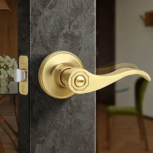 Moquin Privacy Wave Style Gold Door Handles with Lock (No Key), Brushed Gold Door Handles with Reversible Lever for Bathroom and Closet, Satin Brass